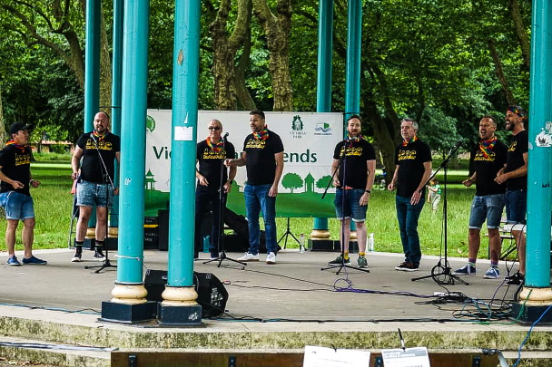 The Barbies performing under the bandstand in Victoria Park for Pride 2021
